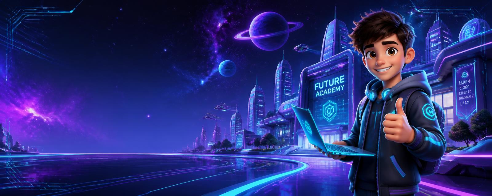 Futuristik shaharda noutbuk ushlab turgan o‘quvchi